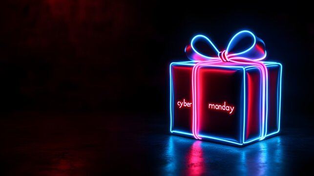 Vibrant neon gift box celebrating Cyber Monday with glowing ribbons in a dark setting