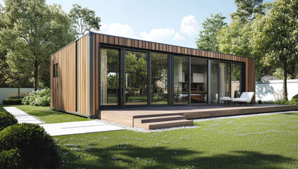 Contemporary modular home with wood cladding, floor-to-ceiling glass walls, and open lawn under soft daylight — generative AI