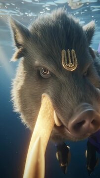 The Varaha avatar majestically emerges from the ocean depths, radiating divine strength and cosmic power.