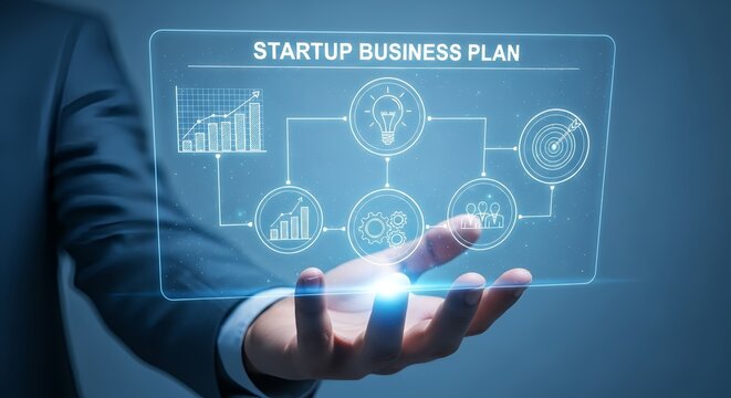 Man holding startup business plan interface with charts and icons in a futuristic display panel