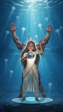 The Varaha avatar rises from the ocean depths, lifting the Earth upon his tusks in a divine act of salvation.