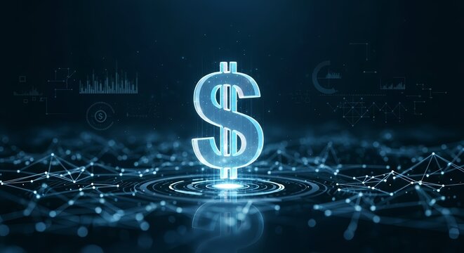 Glowing dollar sign with digital network on a dark blue background with graphical elements around