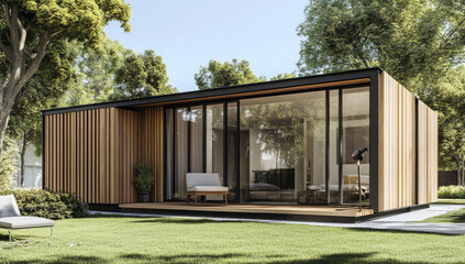 Contemporary wooden cabin with glass walls surrounded by lush trees and sunlight, offering a peaceful and stylish retreat in nature’s calm embrace — generative AI