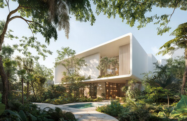Minimalist tropical home surrounded by lush greenery, soft sunlight filtering through trees, and a serene modern escape blending nature and tranquility — generative AI