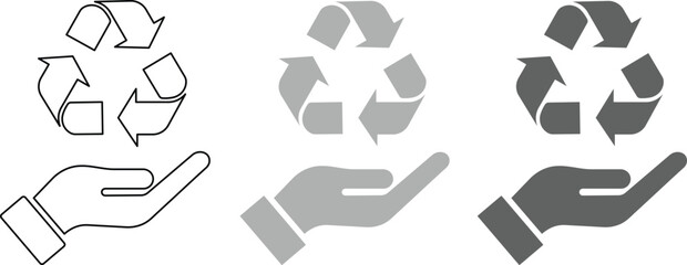 Three recycling symbols above open hands in black grey and dark grey protection care