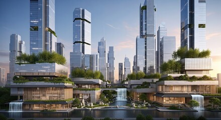 Futuristic Eco Friendly Cityscape With Lush Greenery And Water Features