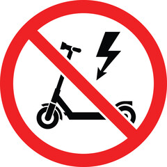 Red circle with diagonal line over black electric scooter and lightning bolt prohibition sign