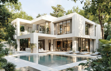 Luxurious modern villa surrounded by lush greenery, featuring tranquil pool reflections, soft sunlight, and a seamless indoor-outdoor flow — generative AI