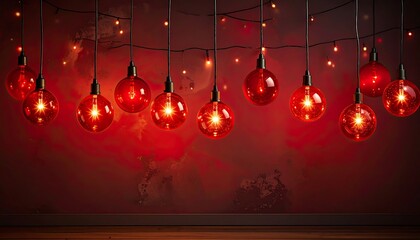 A row of glowing red bulbs hang from dark cords against a textured red wall with softer lights in the background. Wood floor