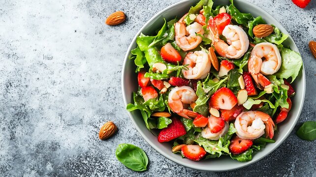 Shrimp salad with strawberries and almonds gray background - Powered by Adobe