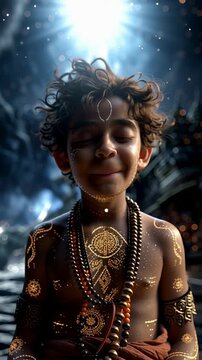 Young Lord Krishna meditating calmly under a thunderous sky, surrounded by divine energy and glowing light, symbolizing peace amidst cosmic power.