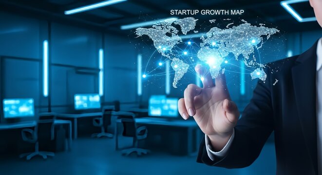 Businessman interacting with a holographic world map in a modern office environment with blue lighting