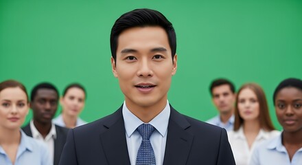 Business professional in a suit stands before a diverse group