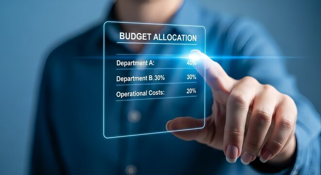 Person interacting with a digital budget allocation interface using a touch screen display