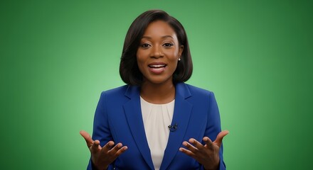 A Black woman in a blue blazer and white blouse speaks animatedly