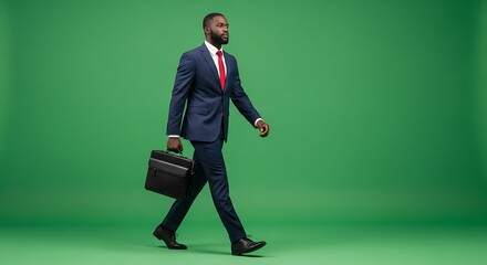 Businessman in a navy suit and red tie walks with a briefcase