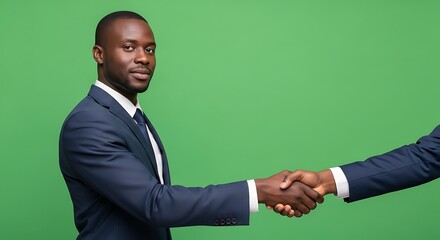 Man in suit shaking hands with another person on a green background