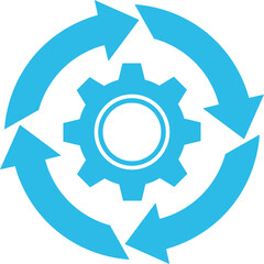 Blue gear and circular arrow diagram on white background cogwheel cycle