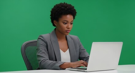 Woman in suit working on laptop in front of green screen