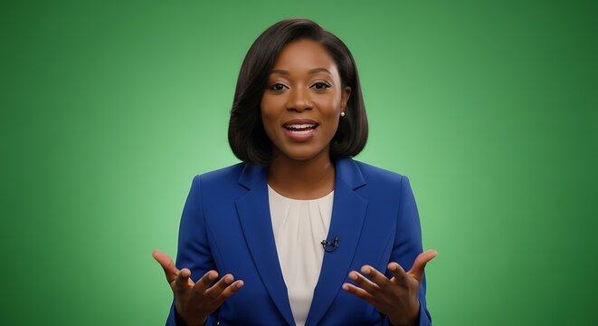 A Black woman in a blue blazer and white blouse speaks animatedly - Powered by Adobe