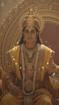 Young prince sitting gracefully on a throne of golden wisdom, surrounded by radiant light and symbols of divine knowledge.