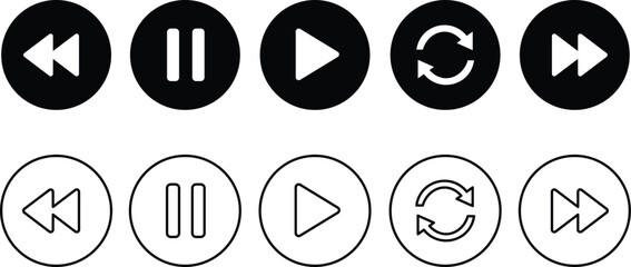 Black and white circular media control icons rewind pause play repeat fast forward rewind icon