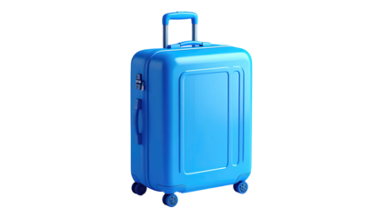 Glossy cyan suitcase with a telescoping handle and spinner wheels, lit on a black background