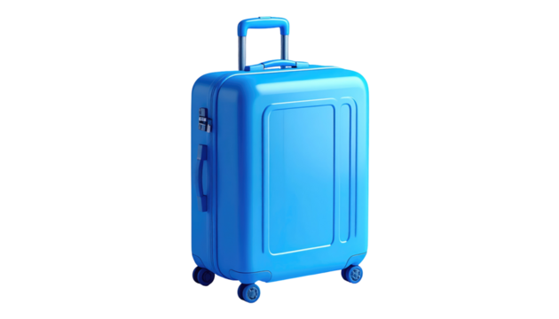 Glossy cyan suitcase with a telescoping handle and spinner wheels, lit on a black background