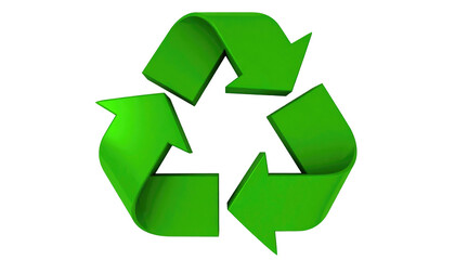 Obraz premium Glossy, bright green recycling symbol isolated against a black background