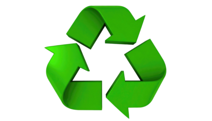 Glossy, bright green recycling symbol isolated against a black background