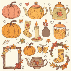 Vintage Fall Elements Set — Hand Drawn Crayon Autumn Doodles with Pumpkins, Teapots, Leaves, Socks, and Cozy Seasonal Items.