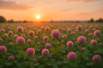 Field of blooming pink clover flowers under a warm sunset sky.