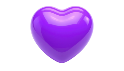 Shiny purple heart, central focus, against a stark black background. Rounded and illuminated with bright highlights