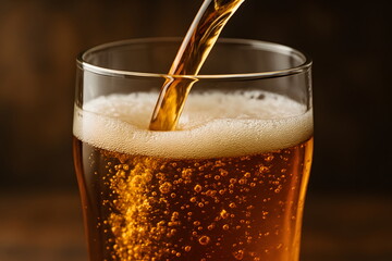 Golden beer being poured into a glass with foam and bubbles close-up.