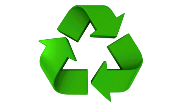 Glossy, bright green recycling symbol isolated against a black background