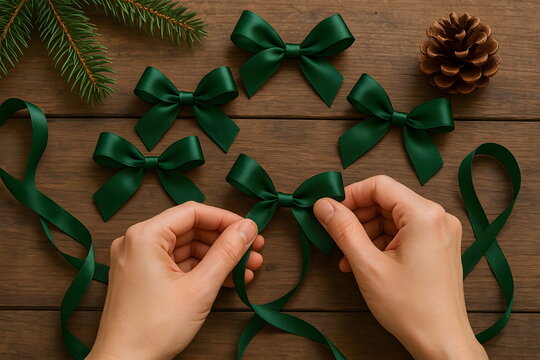 Woman’s hands tying small green ribbon bows on wooden background for holiday decoration. - Powered by Adobe