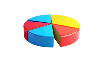 A vibrant, glossy pie chart, divided into colorful sections, set against a solid black background