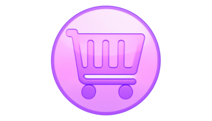 A pink shopping cart icon rests on a shiny, circular light pink badge against a black background
