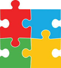 Four colorful puzzle pieces red blue green yellow interlocking jigsaw connection