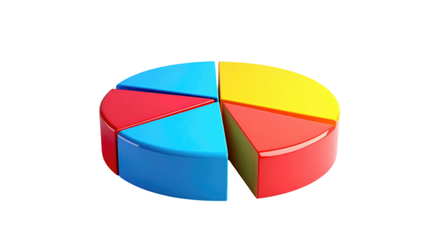 A vibrant, glossy pie chart, divided into colorful sections, set against a solid black background