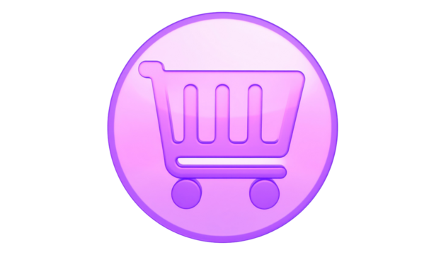 A pink shopping cart icon rests on a shiny, circular light pink badge against a black background