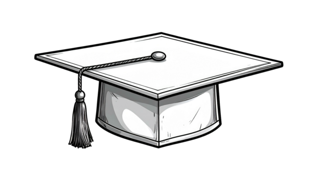 White graduation cap illustration with a tassel on a black background. Minimalist style