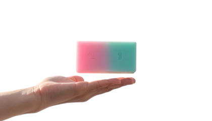 A hand holds a rectangular gradient soap, pink and blue against a black background, bathed in soft natural light