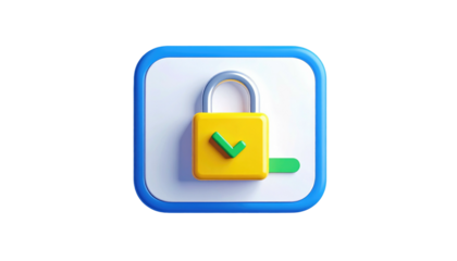 Glossy render of a secure padlock with a green checkmark, set against a blue bordered square
