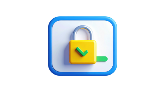 Glossy render of a secure padlock with a green checkmark, set against a blue bordered square