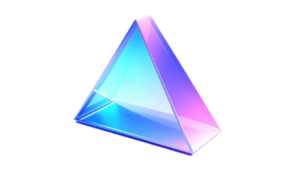 Translucent pyramid casting colorful, vivid gradients in pastel blue and pink on a black background