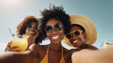 Three cheerful friends pose for a selfie while holding colorful cocktails under the bright sun. The beach setting adds to their fun summer vibes, creating a moment of pure happiness