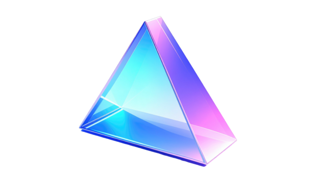 Translucent pyramid casting colorful, vivid gradients in pastel blue and pink on a black background