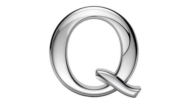 A 3D metallic silver letter "Q" is featured against a black background. Shiny and reflective surface texture is apparent