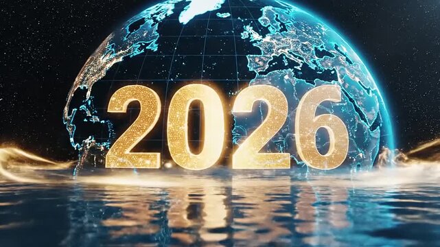 Golden 2026 Year Announcement Over Reflective Digital Globe Background
